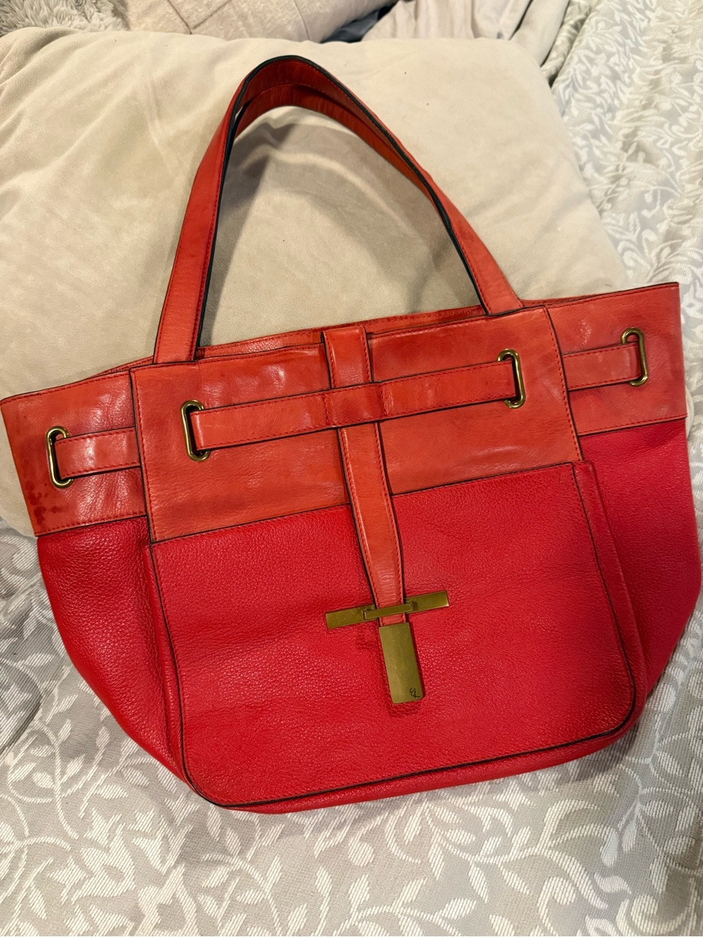 Elliott Lucca Red and Coral Leather Shoulder Tote with Gold Hardware